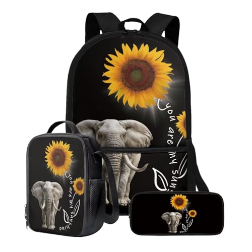 Xoenoiee Kinder-Rucksäcke, 43,2 cm, 3-teiliges Set für die Schule, großer Schulrucksack, wasserabweisend, mit Lunchpaket und Federmäppchen, Elefanten-Sonnenblume von Xoenoiee