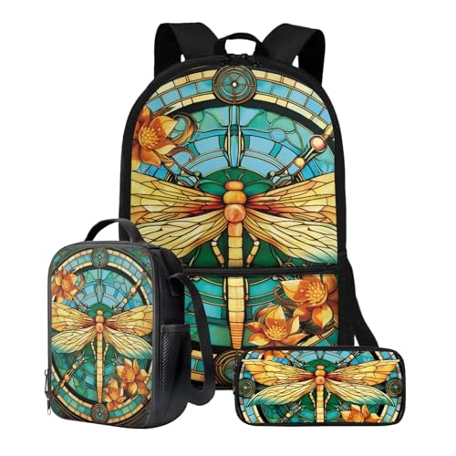 Xoenoiee Kinder-Rucksäcke, 43,2 cm, 3-teiliges Set für die Schule, großer Schulrucksack, wasserabweisend, mit Lunchpaket und Federmäppchen, Ethnic Tribal Libelle von Xoenoiee