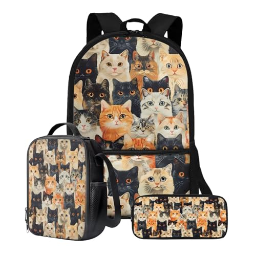 Xoenoiee Kinder-Rucksäcke, 43,2 cm, 3-teiliges Set für die Schule, großer Schulrucksack, wasserabweisend, mit Lunchpaket und Federmäppchen, Katzendesign von Xoenoiee