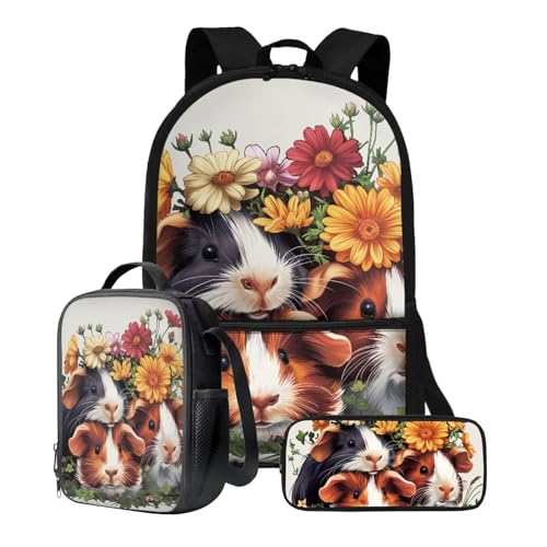 Xoenoiee Kinder-Rucksäcke, 43,2 cm, 3-teiliges Set für die Schule, großer Schulrucksack, wasserabweisend, mit Lunchpaket und Federmäppchen, Meerschweinchen-Blumenmuster von Xoenoiee