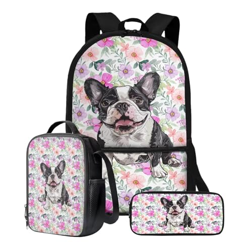 Xoenoiee Kinder-Rucksäcke, 43,2 cm, 3-teiliges Set für die Schule, großer Schulrucksack, wasserabweisend, mit Lunchpaket und Federmäppchen, Mops-Blumen von Xoenoiee