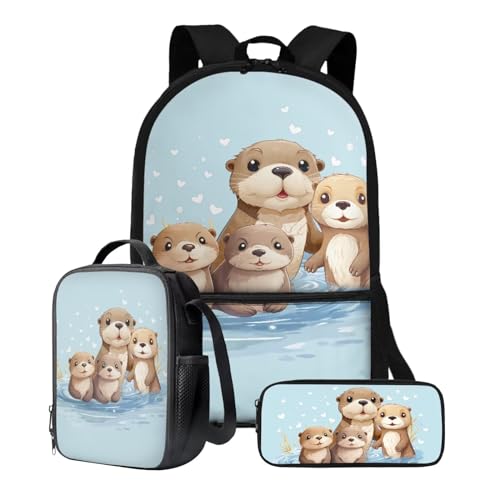 Xoenoiee Kinder-Rucksäcke, 43,2 cm, 3-teiliges Set für die Schule, großer Schulrucksack, wasserabweisend, mit Lunchpaket und Federmäppchen, Niedliche Otter von Xoenoiee