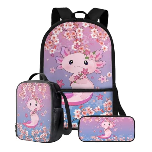 Xoenoiee Kinder-Rucksäcke, 43,2 cm, 3-teiliges Set für die Schule, großer Schulrucksack, wasserabweisend, mit Lunchpaket und Federmäppchen, Rosa Axolotl Floral von Xoenoiee