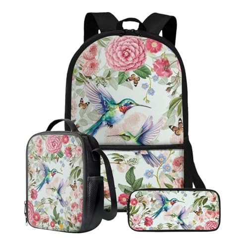 Xoenoiee Kinder-Rucksäcke, 43,2 cm, 3-teiliges Set für die Schule, großer Schulrucksack, wasserabweisend, mit Lunchpaket und Federmäppchen, Schmetterling, Kolibri, Blumen von Xoenoiee