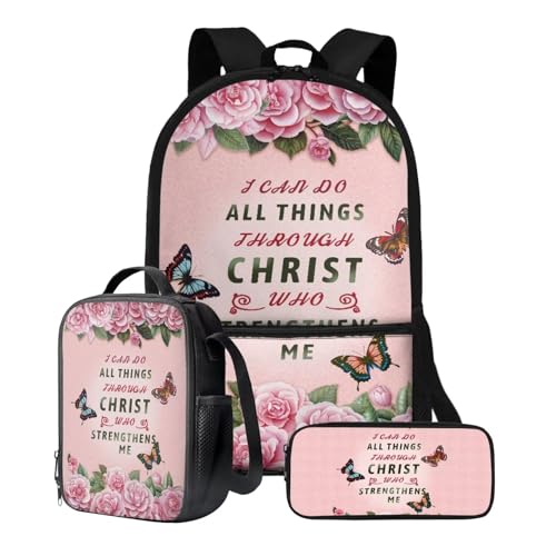 Xoenoiee Kinder-Rucksäcke, 43,2 cm, 3-teiliges Set für die Schule, großer Schulrucksack, wasserabweisend, mit Lunchpaket und Federmäppchen, Schmetterling, rosa Rosen von Xoenoiee