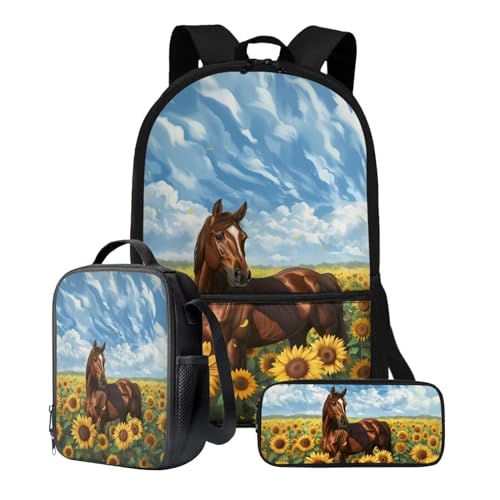 Xoenoiee Kinder-Rucksäcke, 43,2 cm, 3-teiliges Set für die Schule, großer Schulrucksack, wasserabweisend, mit Lunchpaket und Federmäppchen, Sonnenblume von Xoenoiee