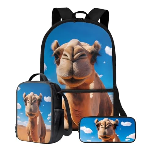 Xoenoiee Kinder-Rucksäcke, 43,2 cm, 3-teiliges Set für die Schule, großer Schulrucksack, wasserabweisend, mit Lunchpaket und Federmäppchen, camel von Xoenoiee