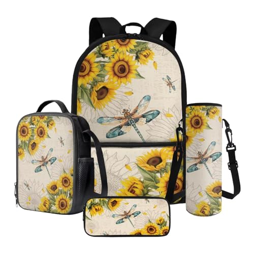 Xoenoiee Kinder-Schulrucksack, 4-teiliges Set mit isolierter Lunchbox, Wasserflaschen-Tasche, Federmäppchen, Schulbedarf, Libelle und Sonnenblume, Einheitsgröße, Schulranzen-Set von Xoenoiee