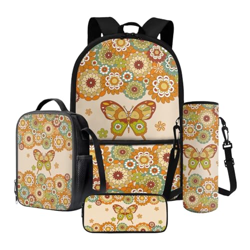 Xoenoiee Kinder-Schulrucksack, 4-teiliges Set mit isolierter Lunchbox, Wasserflaschen-Tasche, Federmäppchen, Schulbedarf, Retro Boho Mandala Schmetterling, Einheitsgröße, Schulranzen-Set von Xoenoiee