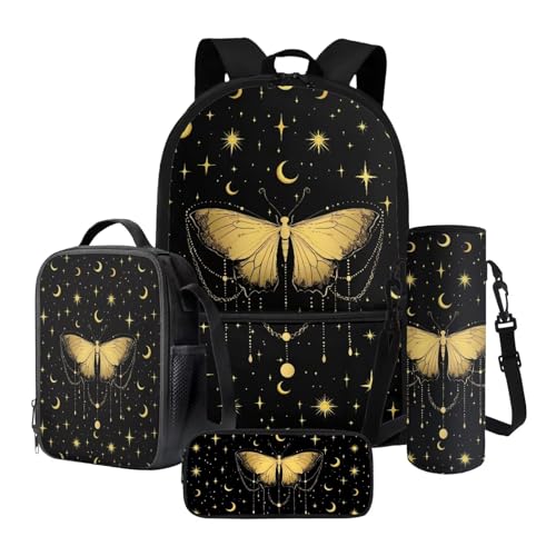 Xoenoiee Kinder-Schulrucksack, 4-teiliges Set mit isolierter Lunchbox, Wasserflaschen-Tasche, Federmäppchen, Schulbedarf, Schmetterling, Mond, Sterne, Einheitsgröße, Schulranzen-Set von Xoenoiee