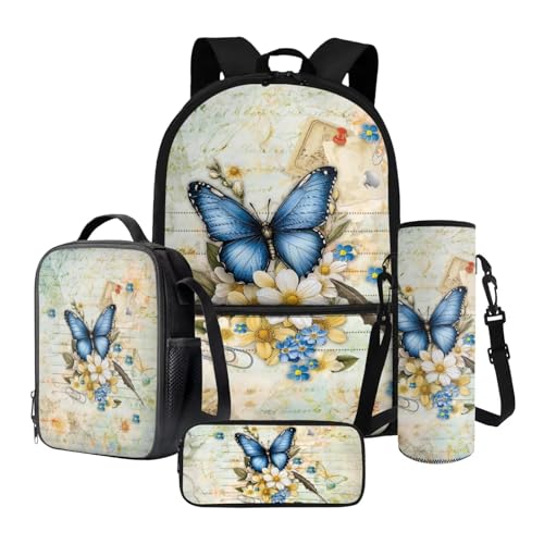 Xoenoiee Kinder-Schulrucksack, 4-teiliges Set mit isolierter Lunchbox, Wasserflaschen-Tasche, Federmäppchen, Schulbedarf, Schmetterling Gänseblümchen Buchstabe, Einheitsgröße, Schulranzen-Set von Xoenoiee