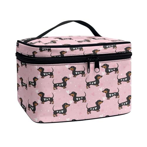 Xoenoiee Kosmetiktasche für Damen und Mädchen, große Make-up-Tasche, Make-up-Tasche, staubabweisend, tragbar, Reise-Kulturbeutel, Dackel Hund Herz Rosa, Einheitsgröße von Xoenoiee