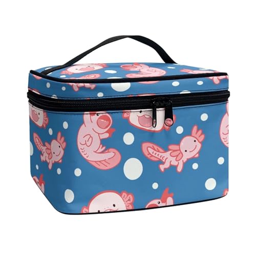 Xoenoiee Kosmetiktasche für Damen und Mädchen, tragbare Make-up-Tasche mit Griff, große Kapazität, Reise-Kulturbeutel, Niedliches Axolotl-Blau, Einheitsgröße von Xoenoiee