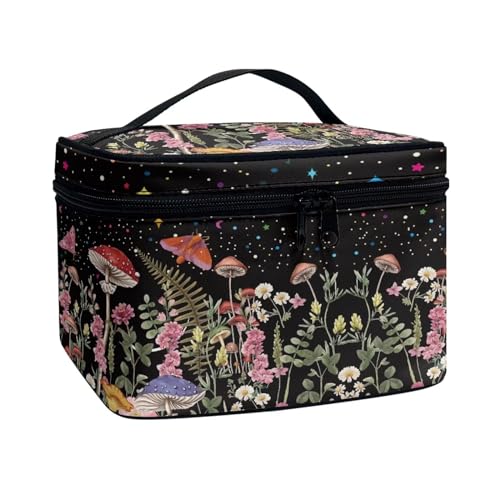 Xoenoiee Kosmetiktasche für Damen und Mädchen, tragbare Make-up-Tasche mit Griff, große Kapazität, Reise-Kulturbeutel, Vintage Floral Mushroom Starry Night, Einheitsgröße von Xoenoiee