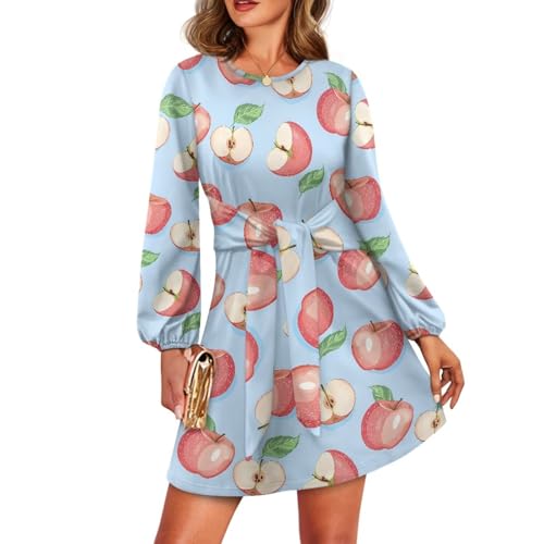 Xoenoiee Langärmeliges Damenkleid, Rundhalsausschnitt, Taillenbindung, weiches Midikleid mit Schnürung vorne für die tägliche Arbeit, Party, Apfelmuster, XL Xoenoiee Langärmeliges Damenkleid, Rundhalsausschnitt, Taillenbindung, weiches Midikleid mit Schnürung vorne für die tägliche Arbeit, Party, Apfelmuster, XL von Xoenoiee