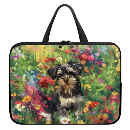 Xoenoiee Laptoptasche, 38,1 cm (15 Zoll), Yorkshire Terrier, Blumendruck, wasserdicht, Laptop-Tragetasche, Laptoptasche für Damen und Herren, tragbare Aktentasche von Xoenoiee