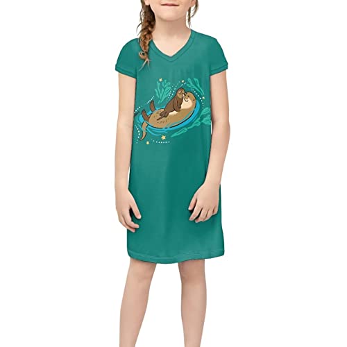 Xoenoiee Mädchen Kurzarm V-Ausschnitt Kleid Knielang Kleider für Party Schule Kinder Polyester Atmungsaktiver Rock für Kinder, Grüne Otter, 7-8 Jahre von Xoenoiee