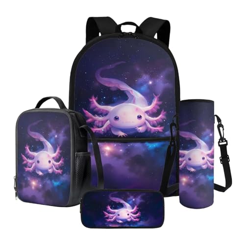 Xoenoiee Mädchen-Rucksack-Set mit Lunchtasche, Federmäppchen und Wasserflaschen-Tragetasche, für Kinder, Studenten, Schultasche, 4-teiliges Set, Axolotl-Druck, Axolotl Galaxy, Einheitsgröße von Xoenoiee