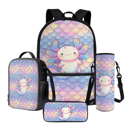 Xoenoiee Mädchen-Rucksack-Set mit Lunchtasche, Federmäppchen und Wasserflaschen-Tragetasche, für Kinder, Studenten, Schultasche, 4-teiliges Set, Axolotl-Druck, Axolotl Meerjungfrauenwaage von Xoenoiee