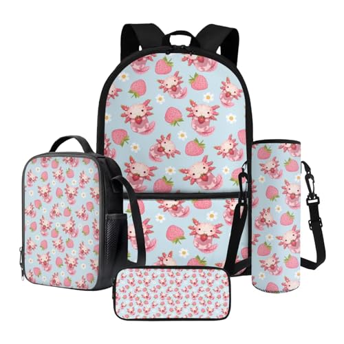 Xoenoiee Mädchen-Rucksack-Set mit Lunchtasche, Federmäppchen und Wasserflaschen-Tragetasche, für Kinder, Studenten, Schultasche, 4-teiliges Set, Axolotl-Druck, Axolotl Strawberry Daisy, Einheitsgröße von Xoenoiee