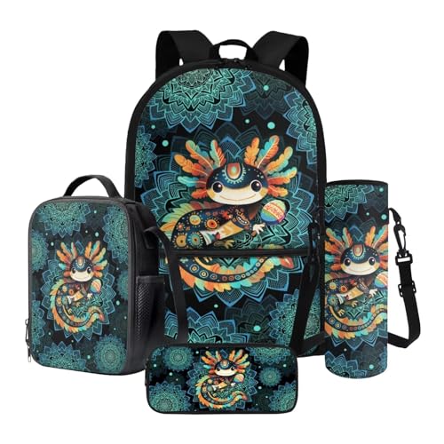 Xoenoiee Mädchen-Rucksack-Set mit Lunchtasche, Federmäppchen und Wasserflaschen-Tragetasche, für Kinder, Studenten, Schultasche, 4-teiliges Set, Axolotl-Druck, Boho Mandala Axolotl, Einheitsgröße von Xoenoiee