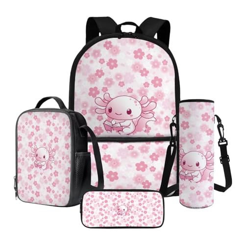 Xoenoiee Mädchen-Rucksack-Set mit Lunchtasche, Federmäppchen und Wasserflaschen-Tragetasche, für Kinder, Studenten, Schultasche, 4-teiliges Set, Axolotl-Druck, Kirschblüte Axolotl, Einheitsgröße von Xoenoiee