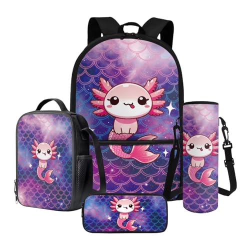 Xoenoiee Mädchen-Rucksack-Set mit Lunchtasche, Federmäppchen und Wasserflaschen-Tragetasche, für Kinder, Studenten, Schultasche, 4-teiliges Set, Axolotl-Druck, Meerjungfrau Fischschuppen Axolotl von Xoenoiee