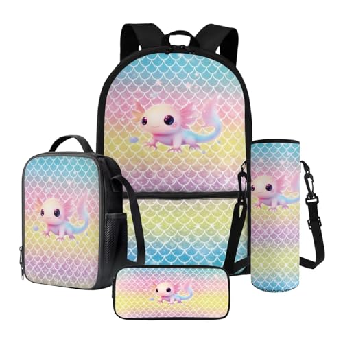 Xoenoiee Mädchen-Rucksack-Set mit Lunchtasche, Federmäppchen und Wasserflaschen-Tragetasche, für Kinder, Studenten, Schultasche, 4-teiliges Set, Axolotl-Druck, Meerjungfrauenschuppe Axolotl von Xoenoiee