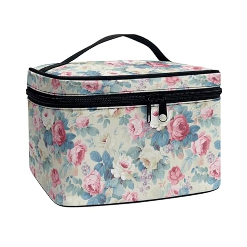 Xoenoiee Make-up-Tasche, tragbare Aufbewahrungstasche, großes Fassungsvermögen, Reise-Make-up-Koffer, Organizer, Tragetasche, Kosmetiktasche für Damen und Mädchen, Vintage Rose Floral, Einheitsgröße von Xoenoiee