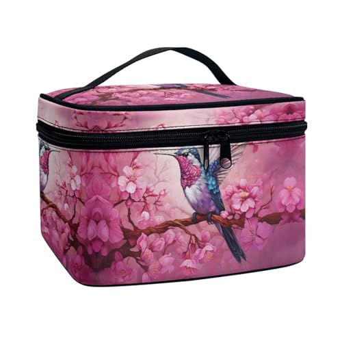 Xoenoiee Make-up-Tasche für Damen und Mädchen, tragbare Kosmetiktasche, großes Fassungsvermögen, Kosmetik-Organizer, Tragetasche, Kulturbeutel, Kolibri mit rosa Blumen, Einheitsgröße von Xoenoiee