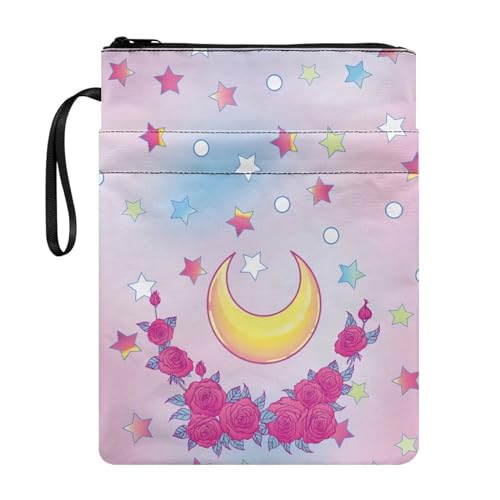 Xoenoiee Moon Stars Buchhülle mit Blumenmuster für Buchliebhaber, 29 x 22,1 cm, wasserdichte Buchschutztasche mit Reißverschluss, Fronttasche und tragbarem Seil von Xoenoiee