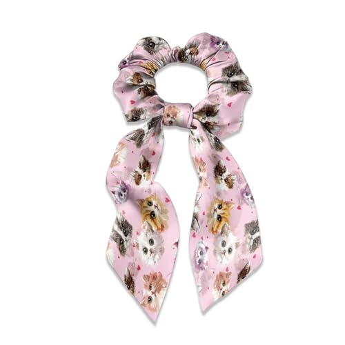 Xoenoiee Niedliche Katzen rosa Muster Schleife Haargummis für Frauen Satin Schleife Haargummi Dickes Haar Bunny Ohr Scrunchies Elastische Bulk Haarschmuck für Mädchen 1 Packung von Xoenoiee
