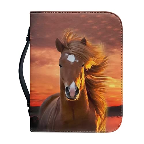 Xoenoiee Pferd Sonnenuntergang Glow Print Bibelhülle Bibelhülle mit Lesezeichen PU-Leder Bibeltasche für Männer Bibeltragetasche Bibelbuchhülle Bibeltasche, L von Xoenoiee