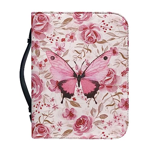 Xoenoiee Pink Butterfly Floral Print Bibelhülle Tragetasche Buch Tasche Kirche Tasche Bibel Schutz mit Griff Perfektes Geschenk für Männer Frauen Kinder XL von Xoenoiee