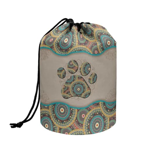 Xoenoiee Reise-Kosmetiktasche mit Kordelzug, Make-up-Tasche, Eimer, Kulturbeutel, rund, Organizer, Aufbewahrungstasche, Mädchen, faltbar, Boho-Mandala-Hundepfote, Einheitsgröße, modisch von Xoenoiee