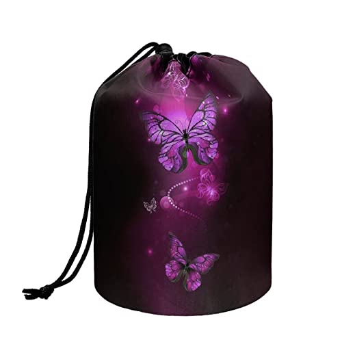 Xoenoiee Reise Kosmetiktaschen Kordelzug Make-up Taschen Eimer Kulturbeutel Runde Organizer Aufbewahrungstasche Mädchen Beutel Faltbar, violettfarbener schmetterling, Einheitsgröße, modisch von Xoenoiee