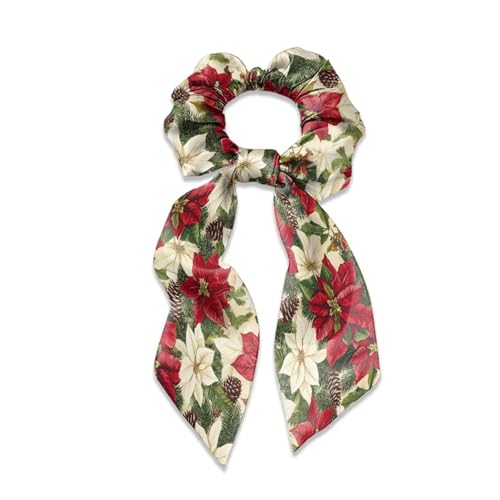 Xoenoiee Retro-Blumen Tannenzapfen Druck Haar Schal Scrunchies Satin Scrunchies mit Schleife Haargummis, weiche Hasenohr-Haarbänder, elastische Haar-Accessoires für Frauen und Mädchen, 1 Packung von Xoenoiee