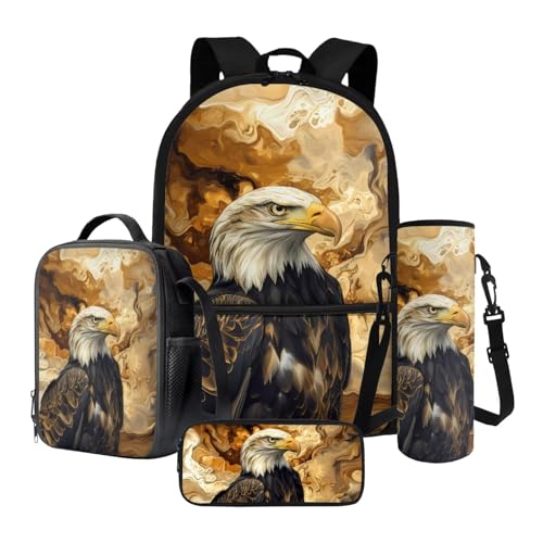 Xoenoiee Rucksack 4-teiliges Set Schultasche mit Thermo-Lunch-Tasche, Federmäppchen und Wasserflaschenhalter, Geschenk für die Schule, Eulenfarbener Marmor, Einheitsgröße, Schulranzen-Set von Xoenoiee