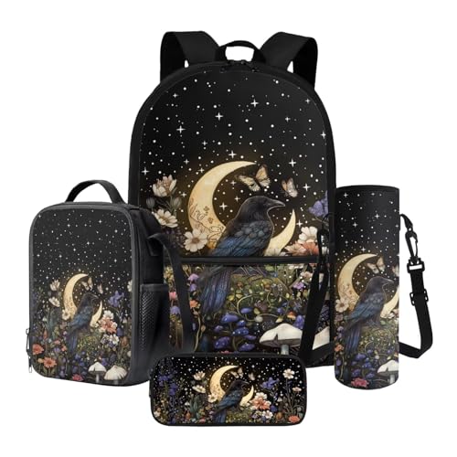 Xoenoiee Rucksack 4-teiliges Set Schultasche mit Thermo-Lunch-Tasche, Federmäppchen und Wasserflaschenhalter, Geschenk für die Schule, Krähe, Schmetterling, Mond, Blumen, Sternennacht, Einheitsgröße Xoenoiee Rucksack 4-teiliges Set Schultasche mit Thermo-Lunch-Tasche, Federmäppchen und Wasserflaschenhalter, Geschenk für die Schule, Krähe, Schmetterling, Mond, Blumen, Sternennacht, Einheitsgröße von Xoenoiee