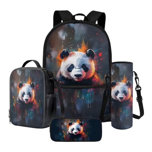 Xoenoiee Rucksack 4-teiliges Set Schultasche mit Thermo-Lunch-Tasche, Federmäppchen und Wasserflaschenhalter, Geschenk für die Schule, panda, Einheitsgröße, Schulranzen-Set von Xoenoiee