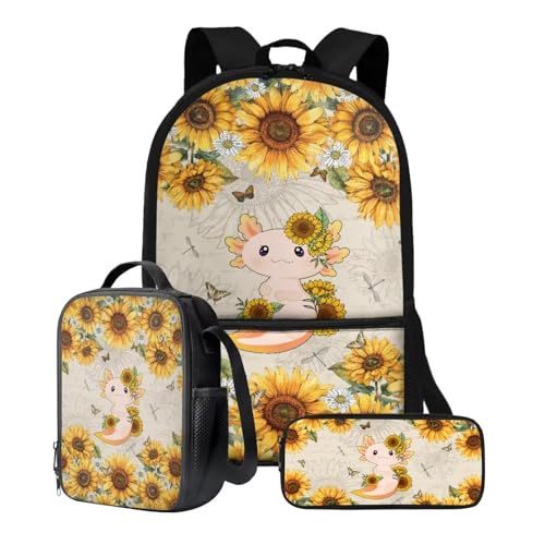 Xoenoiee Rucksack-Set, 3-teilig, große Kapazität, Teenager, Mädchen, Jungen, 43,2 cm, Schulrucksack + Lunchtasche + Federmäppchen für Studenten, Axolotl Sonnenblume von Xoenoiee