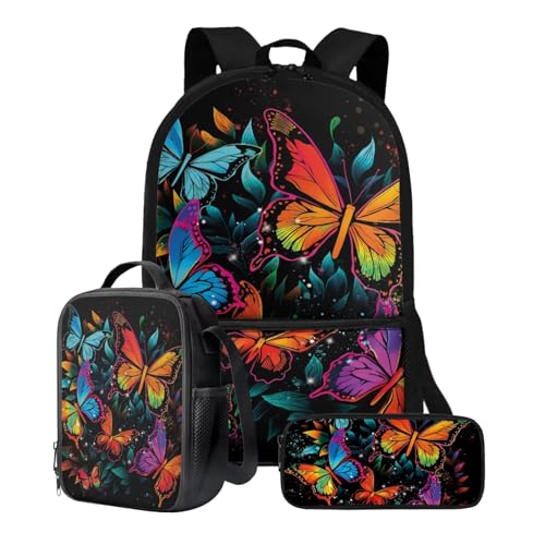 Xoenoiee Rucksack-Set, 3-teilig, große Kapazität, Teenager, Mädchen, Jungen, 43,2 cm, Schulrucksack + Lunchtasche + Federmäppchen für Studenten, Bunte Schmetterlinge von Xoenoiee