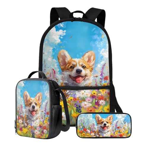 Xoenoiee Rucksack-Set, 3-teilig, große Kapazität, Teenager, Mädchen, Jungen, 43,2 cm, Schulrucksack + Lunchtasche + Federmäppchen für Studenten, Corgi Dog Vibrant Flowers von Xoenoiee