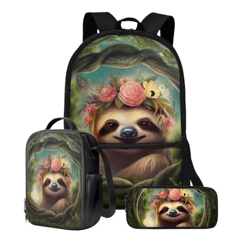 Xoenoiee Rucksack-Set, 3-teilig, große Kapazität, Teenager, Mädchen, Jungen, 43,2 cm, Schulrucksack + Lunchtasche + Federmäppchen für Studenten, Faultier-Blumenbäume von Xoenoiee