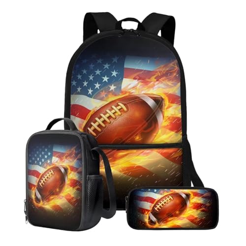 Xoenoiee Rucksack-Set, 3-teilig, große Kapazität, Teenager, Mädchen, Jungen, 43,2 cm, Schulrucksack + Lunchtasche + Federmäppchen für Studenten, Fire American Football Flagge von Xoenoiee