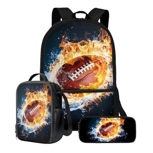 Xoenoiee Rucksack-Set, 3-teilig, große Kapazität, Teenager, Mädchen, Jungen, 43,2 cm, Schulrucksack + Lunchtasche + Federmäppchen für Studenten, Fire&Water Splatter American Football von Xoenoiee