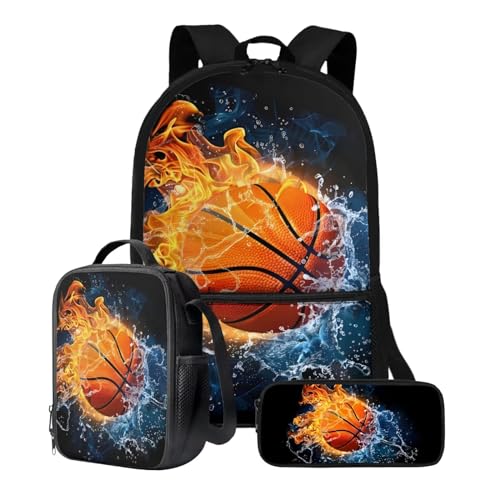 Xoenoiee Rucksack-Set, 3-teilig, große Kapazität, Teenager, Mädchen, Jungen, 43,2 cm, Schulrucksack + Lunchtasche + Federmäppchen für Studenten, Fire&Water Splatter Basketball von Xoenoiee