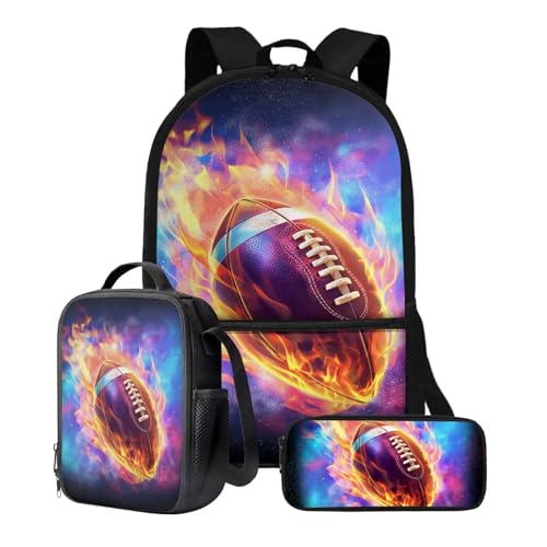 Xoenoiee Rucksack-Set, 3-teilig, große Kapazität, Teenager, Mädchen, Jungen, 43,2 cm, Schulrucksack + Lunchtasche + Federmäppchen für Studenten, Red Fire American Football Galaxy von Xoenoiee