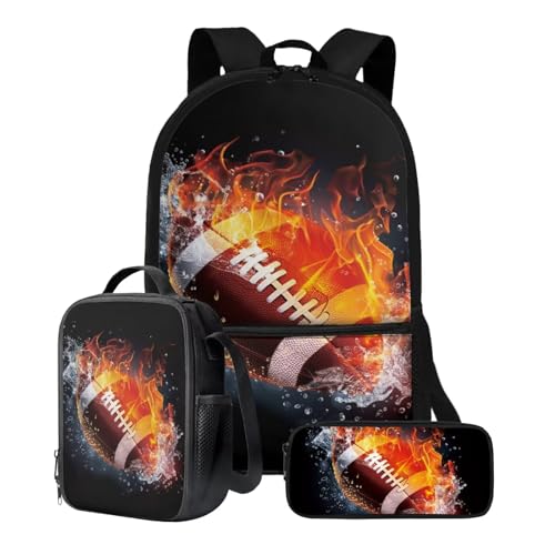 Xoenoiee Rucksack-Set, 3-teilig, große Kapazität, Teenager, Mädchen, Jungen, 43,2 cm, Schulrucksack + Lunchtasche + Federmäppchen für Studenten, Water&Fire American Football von Xoenoiee