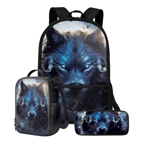 Xoenoiee Rucksack-Set, 3-teilig, große Kapazität, Teenager, Mädchen, Jungen, 43,2 cm, Schulrucksack + Lunchtasche + Federmäppchen für Studenten, coole Wolf von Xoenoiee